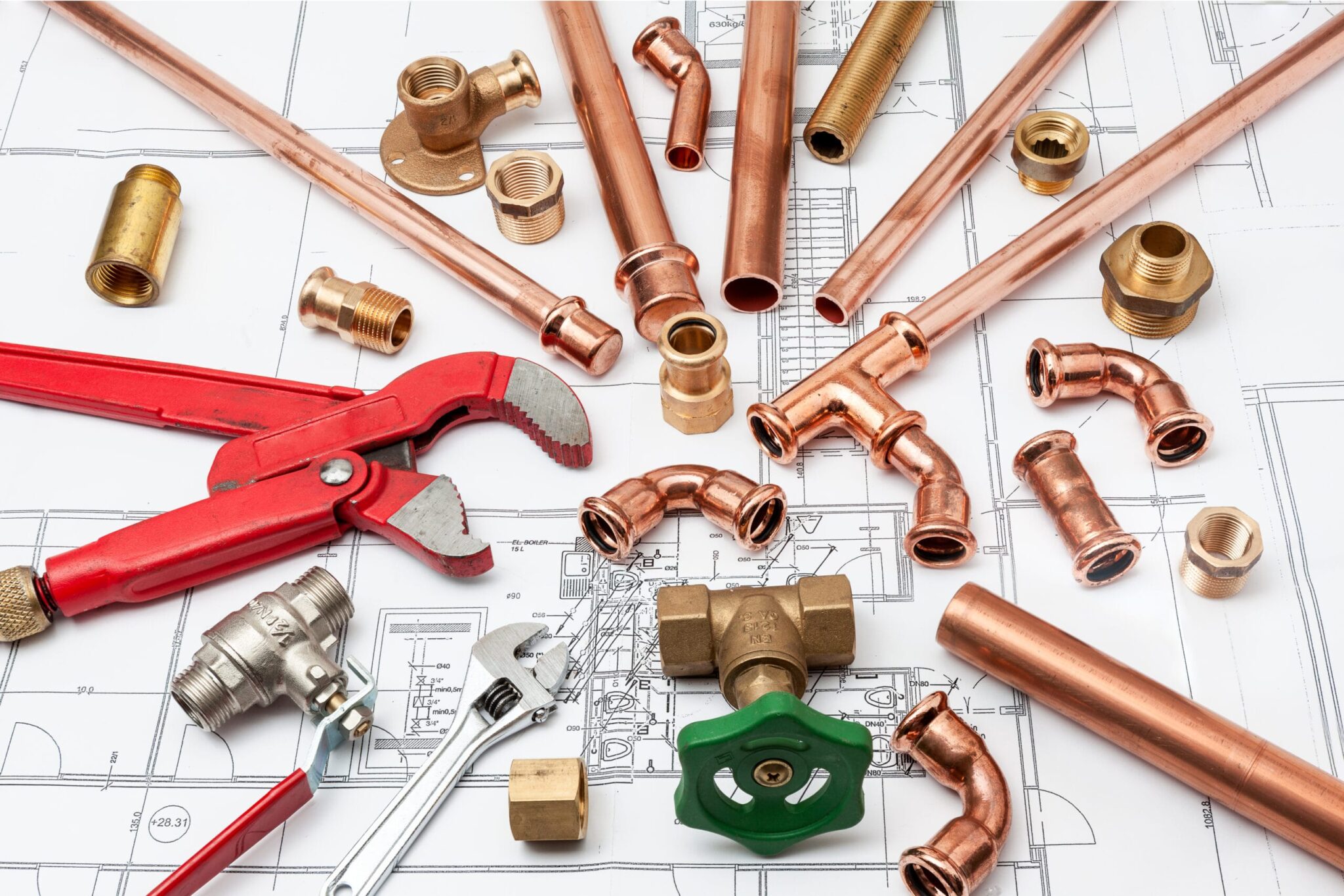 Copper pipes, fittings, valves, and plumbing tools in Titusville