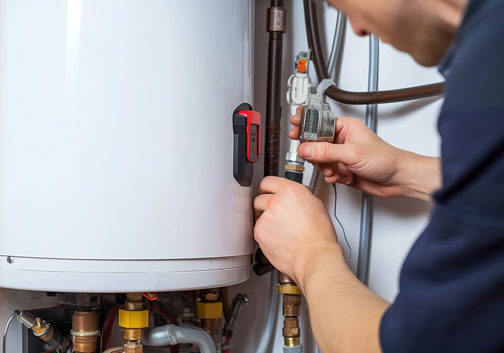 Technician repairing pipes connected to a water heater in Titusville